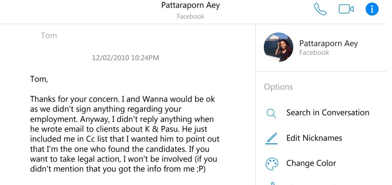 From messenger exchanges with Pattraporn on Facebook about a week after I was dismissed